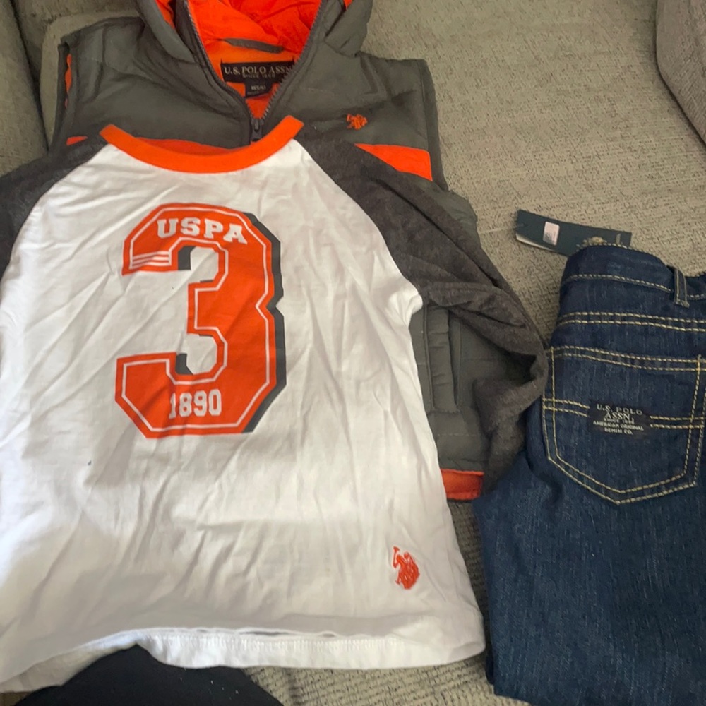 U.S. Polo Assn. 3 piece set boys 5/6 puffer vest, long sleeve tee and blue jeans